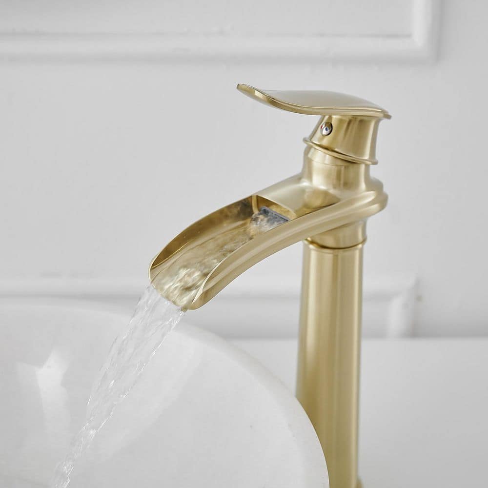 Brushed Gold Tall Single Handle Waterfall Vessel Sink Faucet