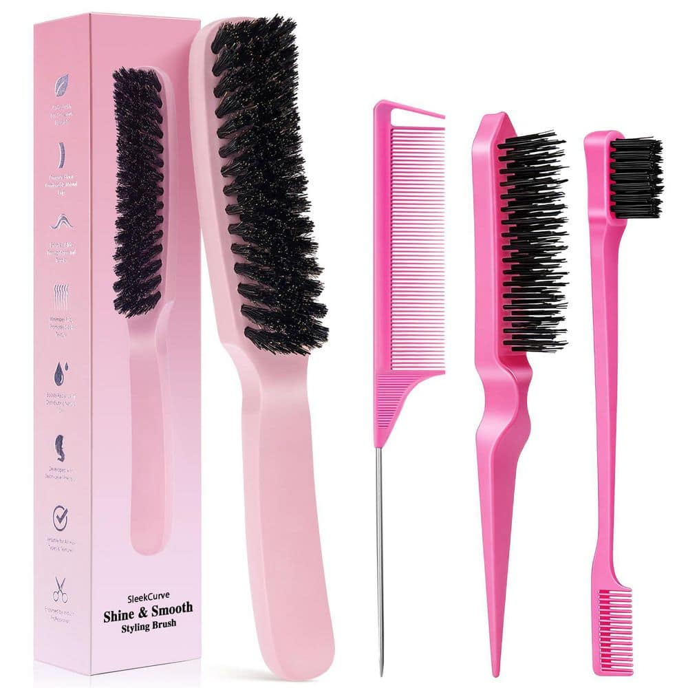 Pink Slick Back Hair Brush Set with Edge Brush, Teasing Brush and Tail Comb for Smooth Styling