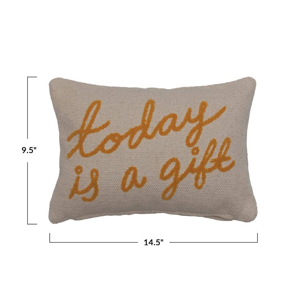 Cream and Mustard Embroidered Cotton Lumbar Pillow