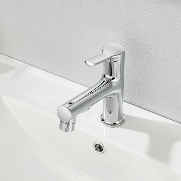 Pull Out Single Handle Single Hose Bathroom Faucet with Deckplate and Supply Line Included in Chrome