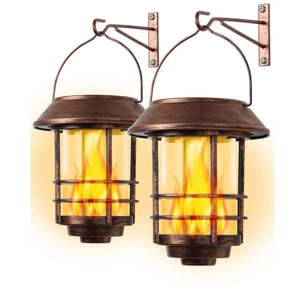 Angel Sar Bronze Waterproof Glass Solar Hanging Lantern Light for Front Porch, Patio and Yard (2-Pack)