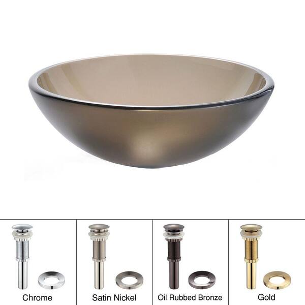 KRAUS Glass Vessel Sink in Frosted Brown with Pop-Up Drain and Mounting Ring in Gold