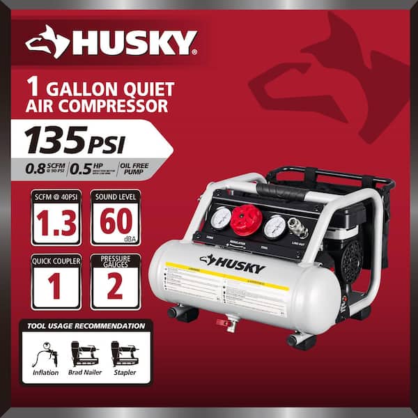 Husky - 1 Gal. 135 PSI Portable Electric Oil-Free Quiet Jobsite Air Compressor with Dual Pressure Gauges and 1-Quick Coupler