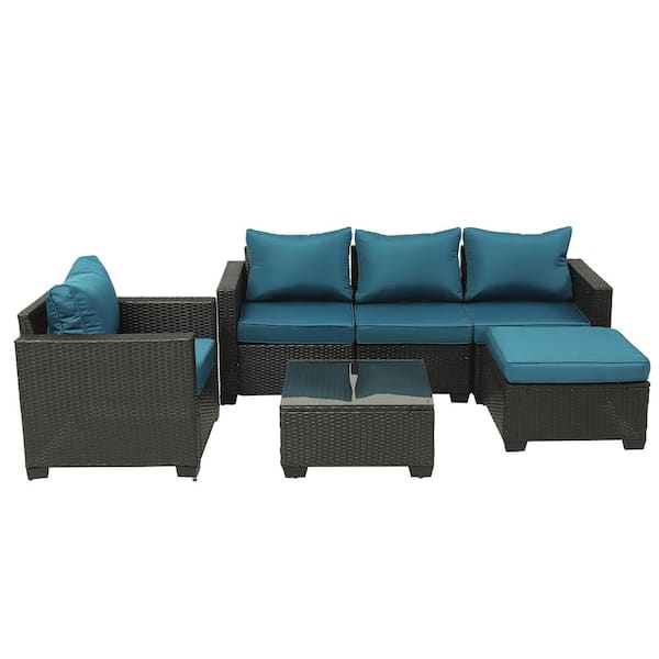 Sudzendf Dark Brown 6-Piece Wicker Outdoor Patio Conversation Set with Ottoman, Peacock Blue Cushions and Tempered Glass Table