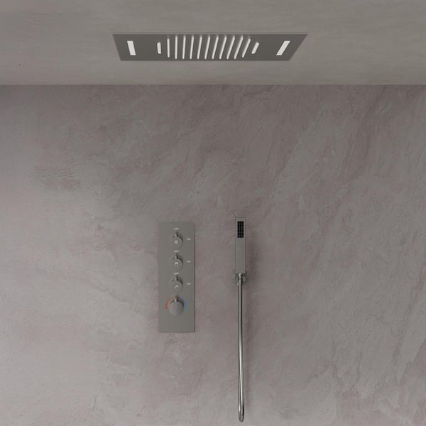 LED Thermostatic Quadruple Handle 7-Spray 23 x 15 in. Shower Faucets 2.5 GPM / Anti Scald Waterfall in. Brushed Nickel