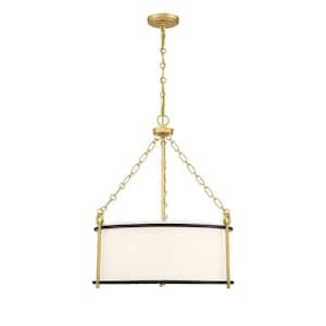 Kian 22 in. W x 26 in. H 3-Light Matte Black/True Gold Standard Pendant Light with White Fabric Drum Shade
