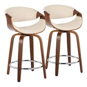 Symphony 24 in. Cream Faux Leather, Walnut Wood and Chrome Metal Fixed-Height Counter Stool (Set of 2)