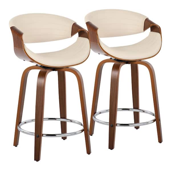 Lumisource Symphony 24 in. Cream Faux Leather, Walnut Wood and Chrome Metal Fixed-Height Counter Stool (Set of 2)