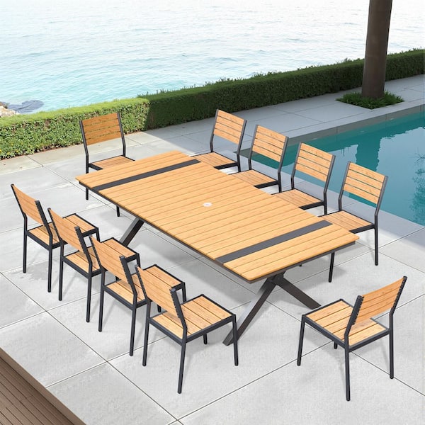 Brown 11-Piece 94 in. Aluminum Wood-Like Rectangular Patio Outdoor Dining Set with Stackable Chairs and Umbrella Hole