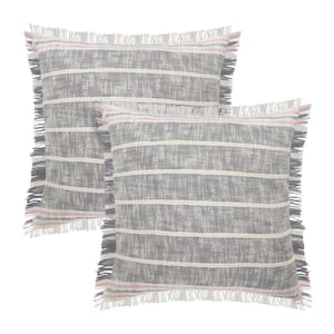 Drew Gray / Pink Striped Fringed 20 in. x 20 in. Throw Pillow Set of 2