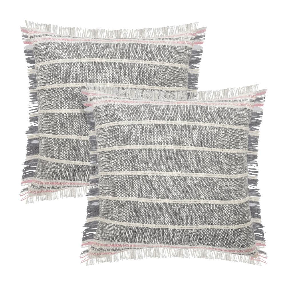 Drew Gray / Pink Striped Fringed 20 in. x 20 in. Indoor Throw Pillow Set of