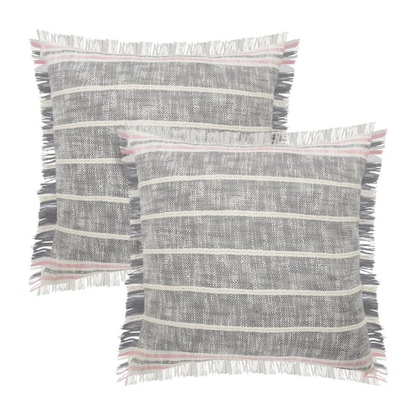 Unbranded Drew Gray / Pink Striped Fringed 20 in. x 20 in. Indoor Throw Pillow Set of 2
