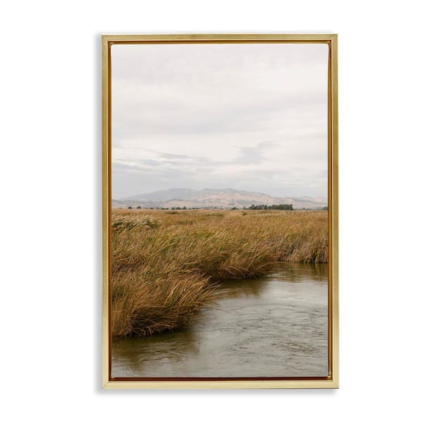 Stupell Industries Marshland with Distant Mountain by Crystal Lynn Collins Gold Floater Frame Nature Graphic Art Print 25 in. x 17 in.