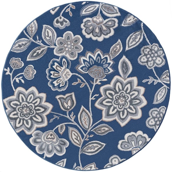 Tayse Rugs Madison Floral Navy 8 ft. Round Indoor Area Rug