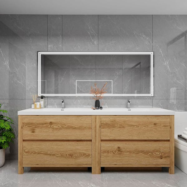 Louis 84 in. W x 20 in. D x 35 in. H Double Sink Freestanding Bath Vanity in Yellow Wood with White Acrylic Top