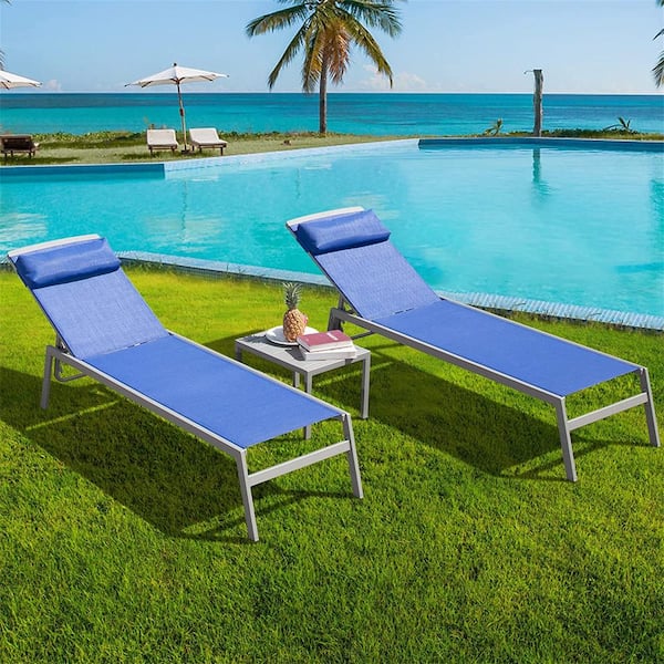Pool Chaise Lounge Chairs Set of 3, Aluminium Outdoor Reclining Adjustable Chairs for Sunbathing Beach Patio, Blue