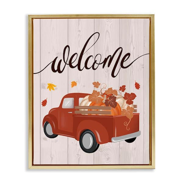 Stupell Industries Country Pumpkin Harvest Welcome by Jo Taylor Gold Floater Frame Graphic Typography Art Print 31 in. x 25 in.