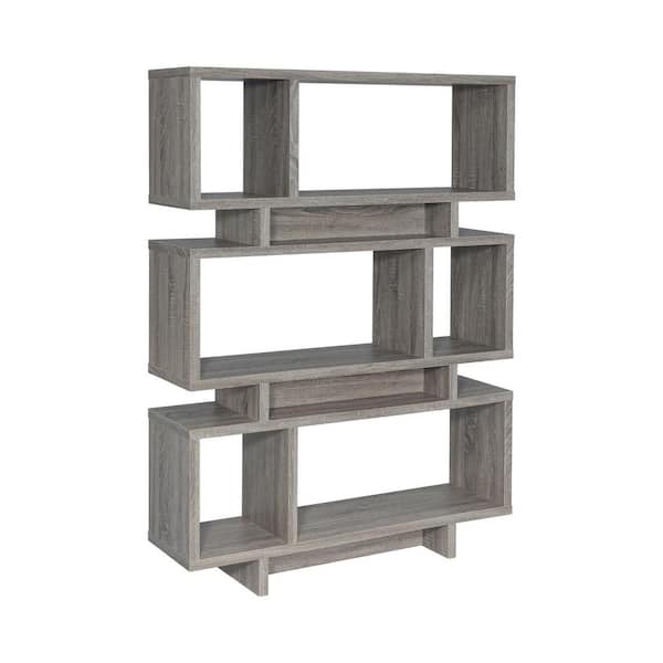 Coaster 65.75 in. Weathered Grey Wood 3-Shelf Geometric Bookcase