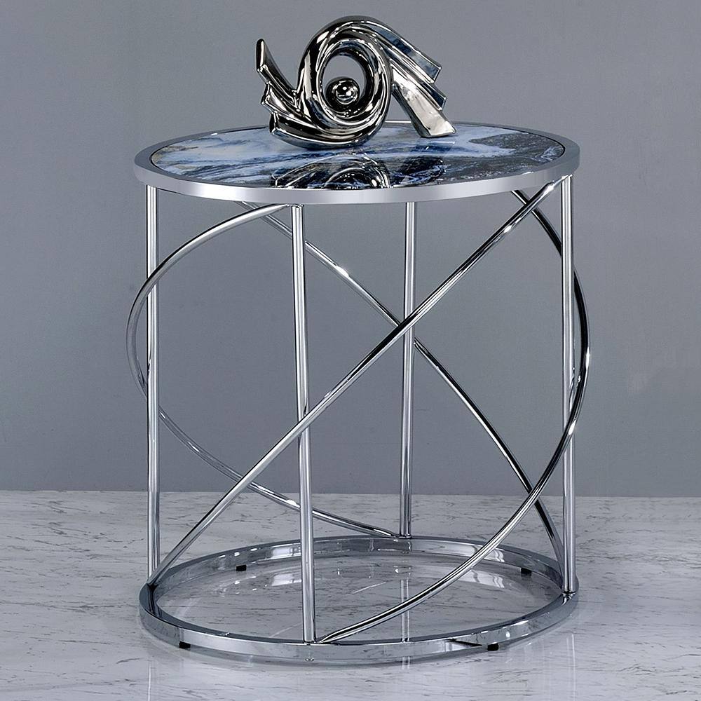 Lyda Round Blue Marble Print and Chrome End Table