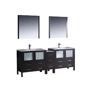 Torino 84 in. Double Vanity in Espresso w/ Ceramic Vanity Top in White w/ White Basins & Mirrors (Faucet Not Included)