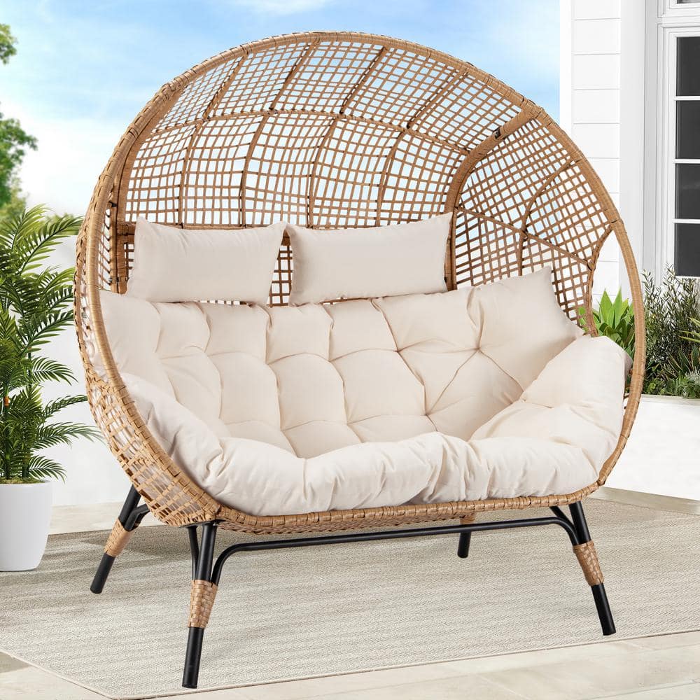 FINCATI 2-Person Beige Double PE Wicker Outdoor Lounge Egg Chair with ...