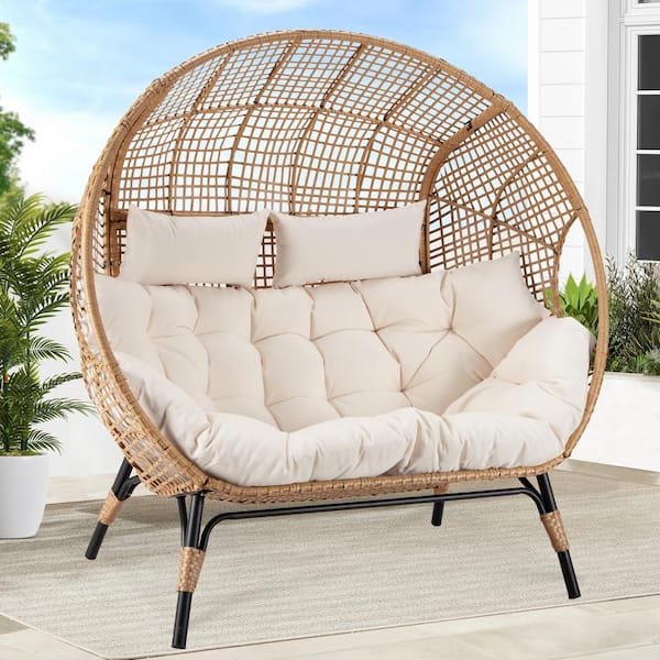 2-Person Beige Double PE Wicker Outdoor Lounge Egg Chair with Beige Cushion