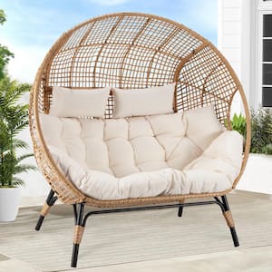 2-Person Beige Double PE Wicker Outdoor Lounge Egg Chair with Beige Cushion
