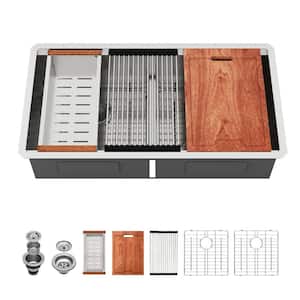 36 in. Low Divide Undermount Workstation Kitchen Sink 50/50 Double Bowl 16-Gauge Stainless Steel with Accessories
