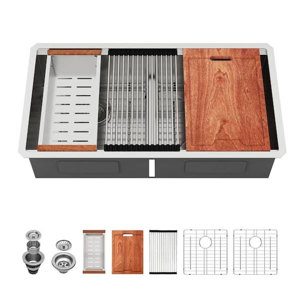36 in. Low Divide Undermount Workstation Kitchen Sink 50/50 Double Bowl 16-Gauge Stainless Steel with Accessories