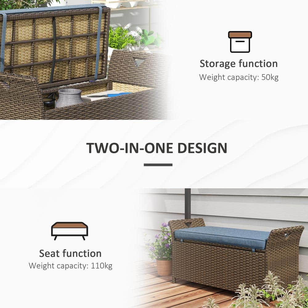 Dark Blue PE Rattan Wicker Outdoor Storage Bench with Cushion