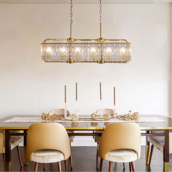 40in.6-Light Linear Modern Crystal Chandelier Brass Gold Rectangular Chandelier for Dining Living Room Kitchen Island
