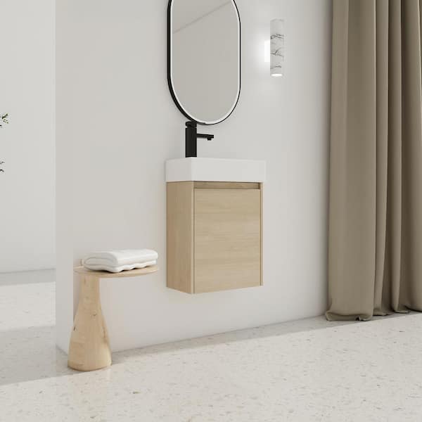 Staykiwi 16 in. W x 9 in. D x 23 in. H Single Sink Floating Bath Vanity in Plain Light Oak with White Ceramic Small Sink