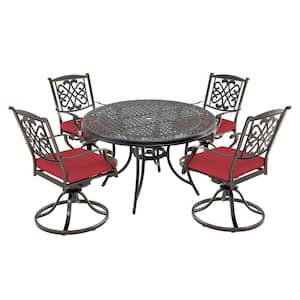 5-Piece Cast Aluminum Outdoor Dining Set Classic Pattern Table and Swivel Chairs with Red Cushions & Umbrella Hole