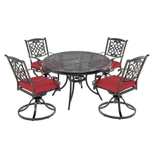 Mondawe 5-Piece Cast Aluminum Outdoor Dining Set Classic Pattern Table and Swivel Chairs with Red Cushions & Umbrella Hole