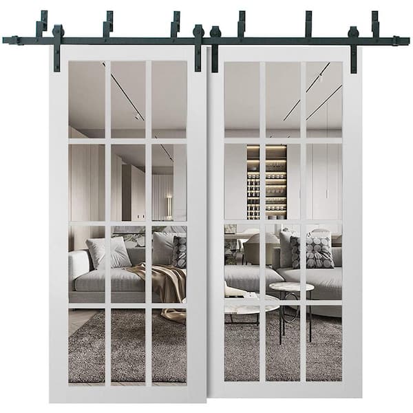 Sartodoors 3355 60 in. x 84 in. Full Lite Clear Glass Matte White Finished Solid Wood Sliding Barn Door with Hardware Kit