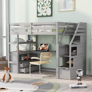 Gray Twin Size Wooden Loft Bed with Storage Staircase, Built-in Desk, Shelves and 2 Drawers