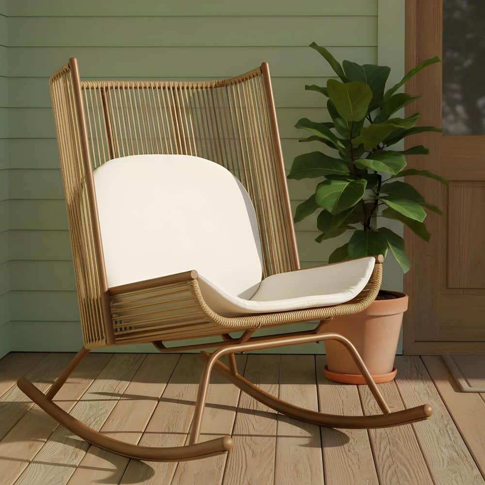 Asa Brown Metal and PE Rattan Patio Outdoor Rocking Chair with Beige Cushions and High Arc Backrest price history on PriceWatchPro
