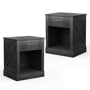 2PCS 20 in. W X 16 in. D x 24 in. H Nightstand with Drawer and Shelf Rustic Wooden Bedside Table Bedroom Black