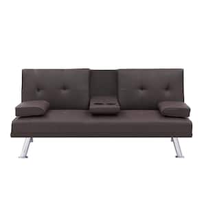 31 in. Wide Armless Faux Leather Mid-Century Modern Straight Sleeper Sofa in Brown