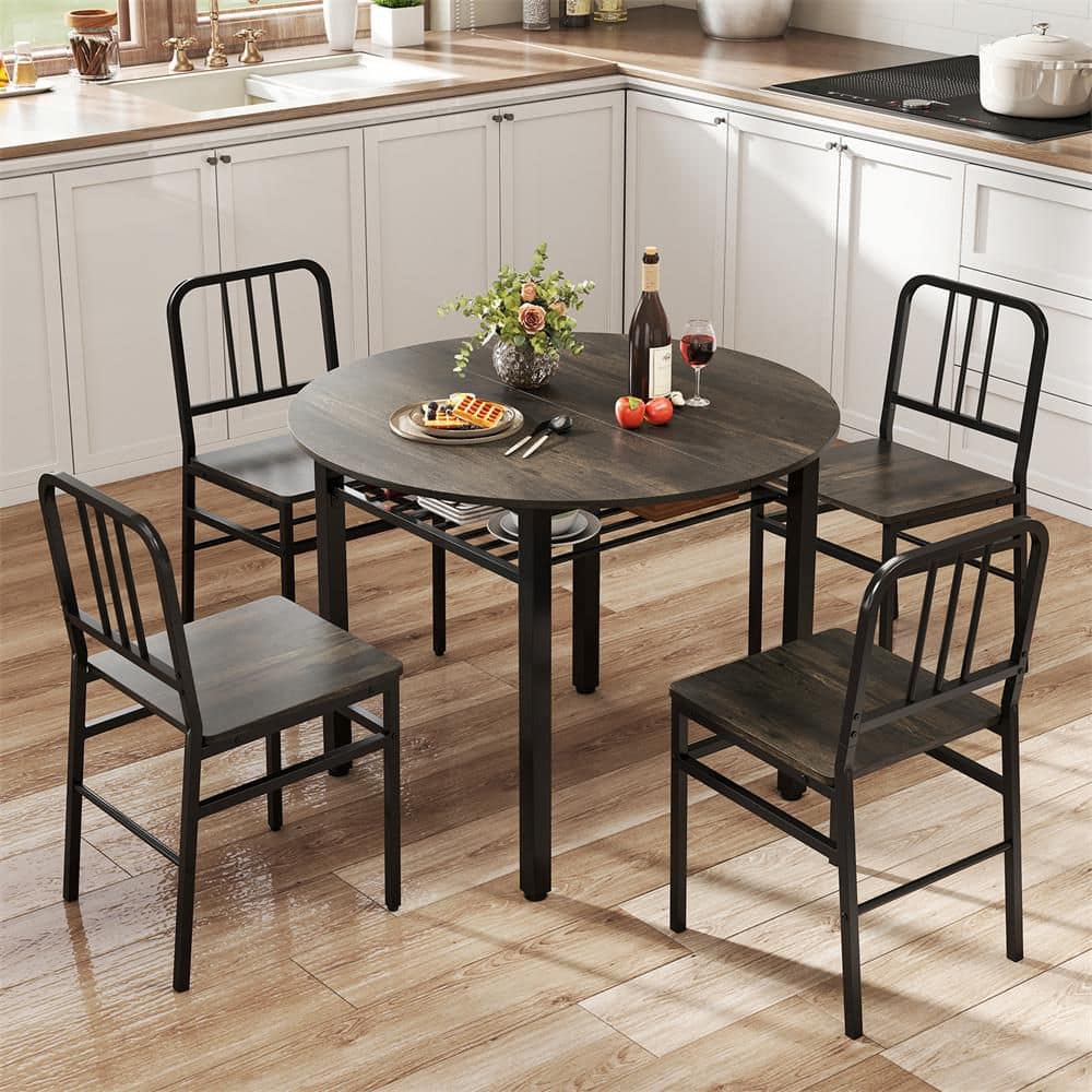 5 Piece Dining Table Set Round Kitchen Table & 4 Chairs Industrial Space-saving Dinette Furniture Gray price history on PriceWatchPro