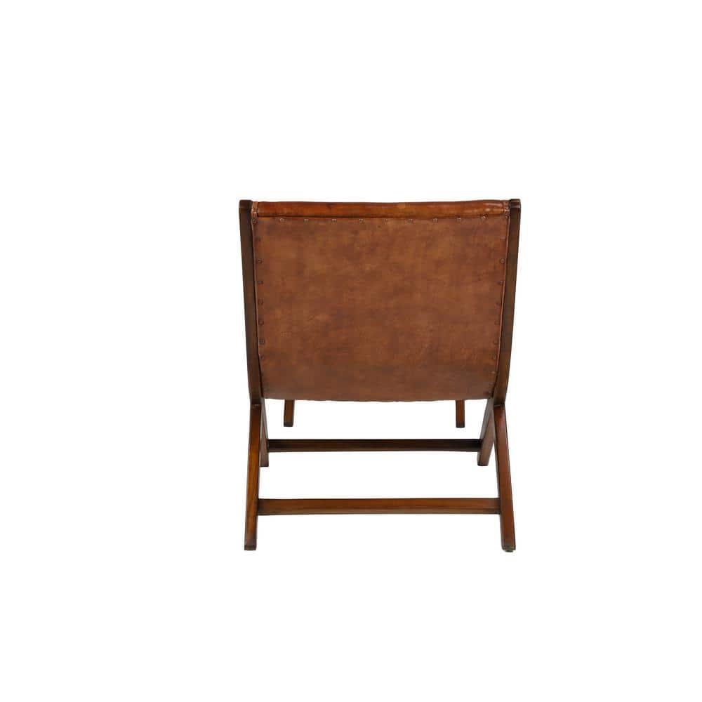 Set of 2 Brown Teak Wood Leather Accent Chairs with Ottoman