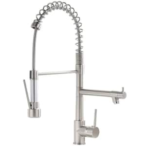 Commercial Single Handle Pull Down Sprayer Kitchen Faucet in Brushed Nickel, Stainless Steel Spring Kitchen Sink Faucet