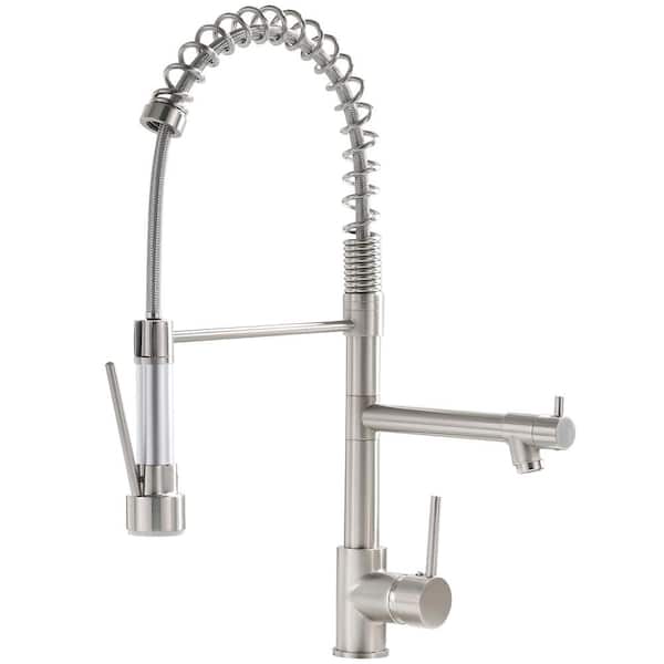 Fapully Commercial Single Handle Pull Down Sprayer Kitchen Faucet in Brushed Nickel, Stainless Steel Spring Kitchen Sink Faucet