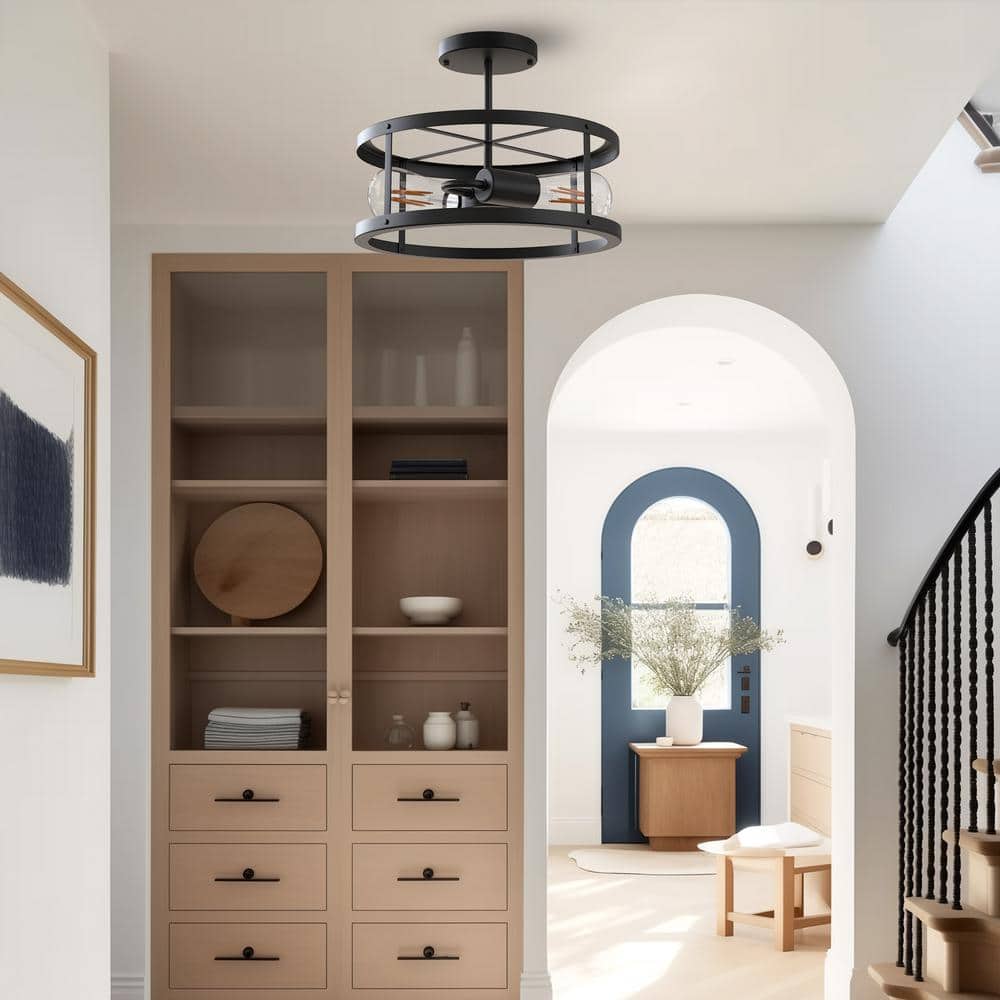 Matte Black 13" Metal Drum Flush Mount Ceiling Light