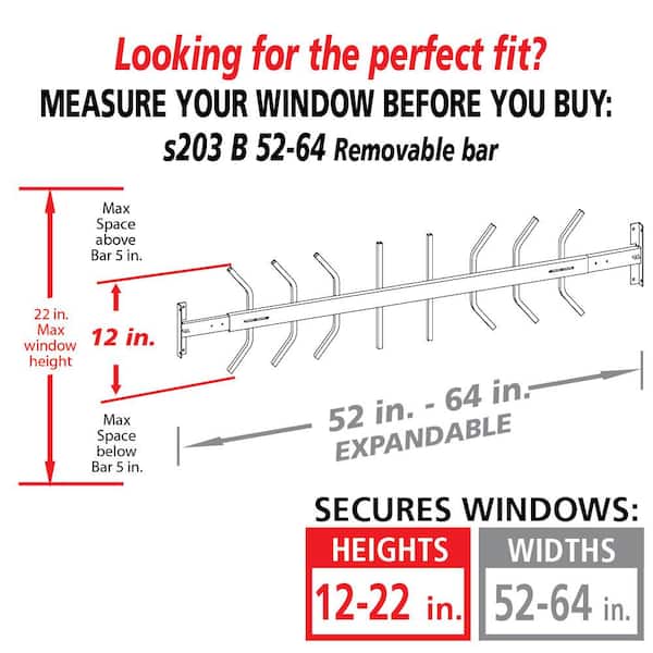 Removable 52 in. to 64 in. Adjustable Width 1-Bar Window Guard, White
