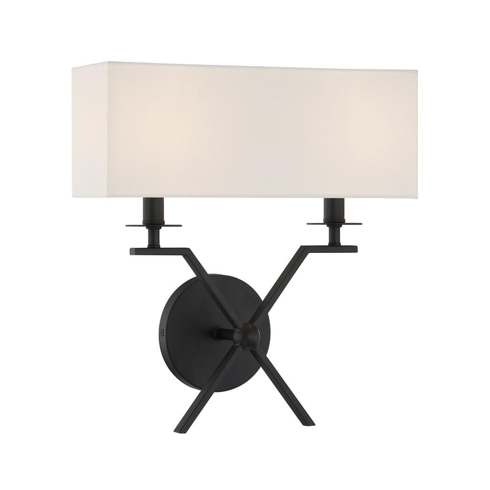 Matte Black 2-Light Wall Sconce with White Fabric Shade