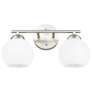 15.63 in. 2-Light Brushed Nickel Vanity Light with Milk Glass Shade
