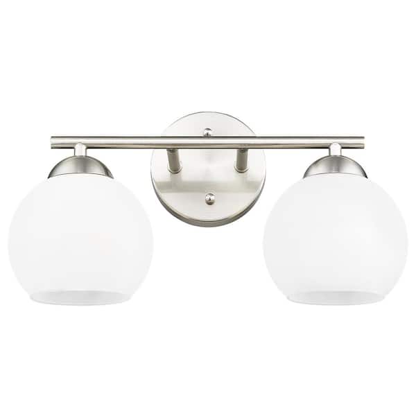 JAZAVA 15.63 in. 2-Light Brushed Nickel Vanity Light with Milk Glass Shade