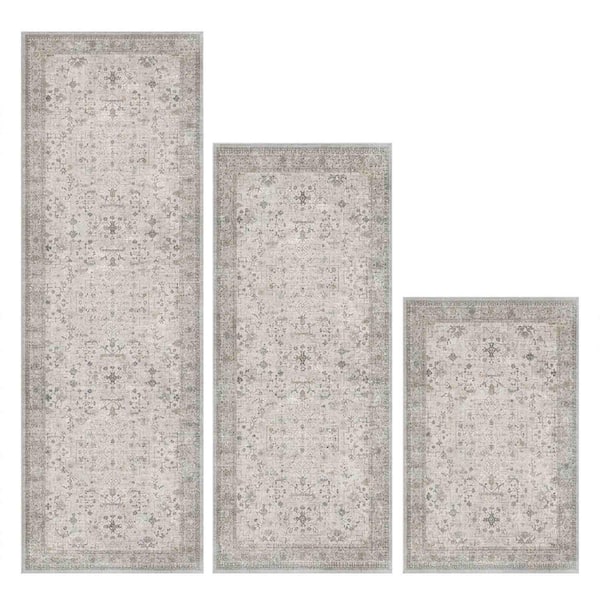 Light Gray 59 in. x 20 in. Indoor Non Slip Washable Kitchen Rugs and Mats Set of 3