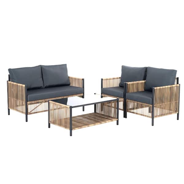 Unbranded New Comming 4 Pieces Patio Brown PE Wicker Steel Outdoor Sectional Sofa Set with Grey Cushion